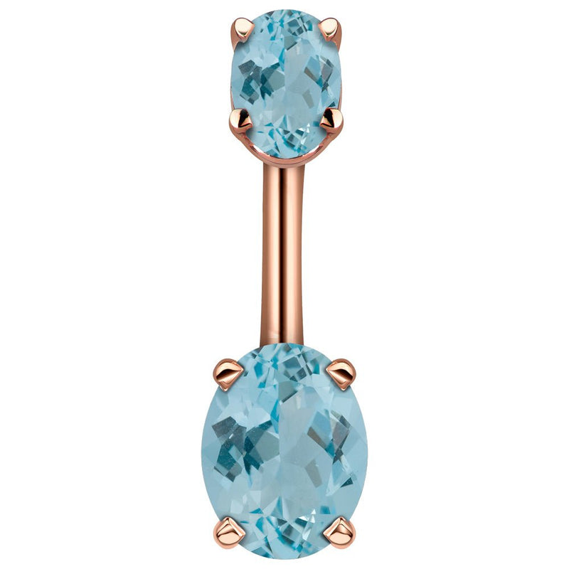14k rose gold belly ring with dual light blue oval CZ stones in four-prong settings, front view