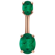 14k rose gold belly ring with dual dark green oval CZ stones in four-prong settings, front view