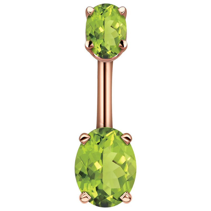 14k rose gold navel ring with dual light green oval CZ stones in four-prong settings, front view