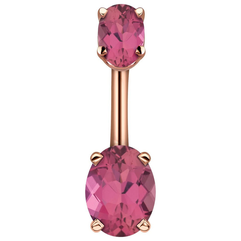 14k rose gold belly ring with dual pink oval CZ stones in four-prong settings, front view