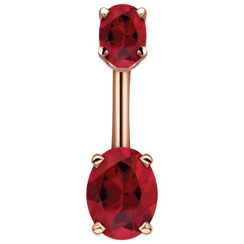 14k rose gold belly ring with dual red oval CZ stones in four-prong settings, front view