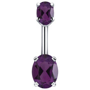 14k white gold belly ring with dual purple oval CZ stones in four-prong settings, front view