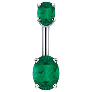 14k white gold belly ring with dual dark green oval CZ stones in four-prong settings, front view