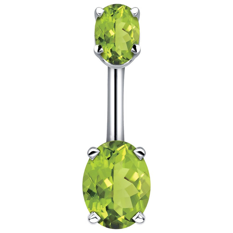 14k white gold navel ring with dual light green oval CZ stones in four-prong settings, front view