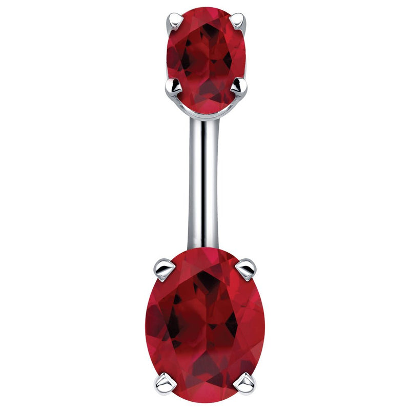 14k white gold belly ring with dual red oval CZ stones in four-prong settings, front view