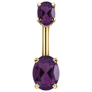 14k yellow gold belly ring with dual purple oval CZ stones in four-prong settings, front view
