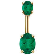 14k yellow gold belly ring with dual dark green oval CZ stones in prong settings, front view