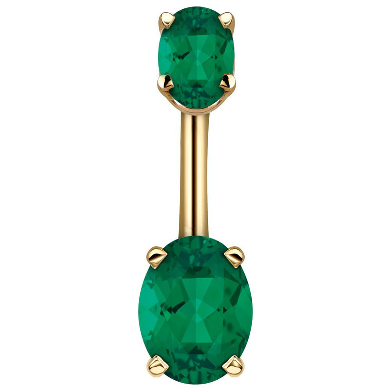 14k yellow gold belly ring with dual dark green oval CZ stones in prong settings, front view
