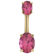 14k yellow gold belly ring with dual pink oval CZ stones in four-prong settings, front view