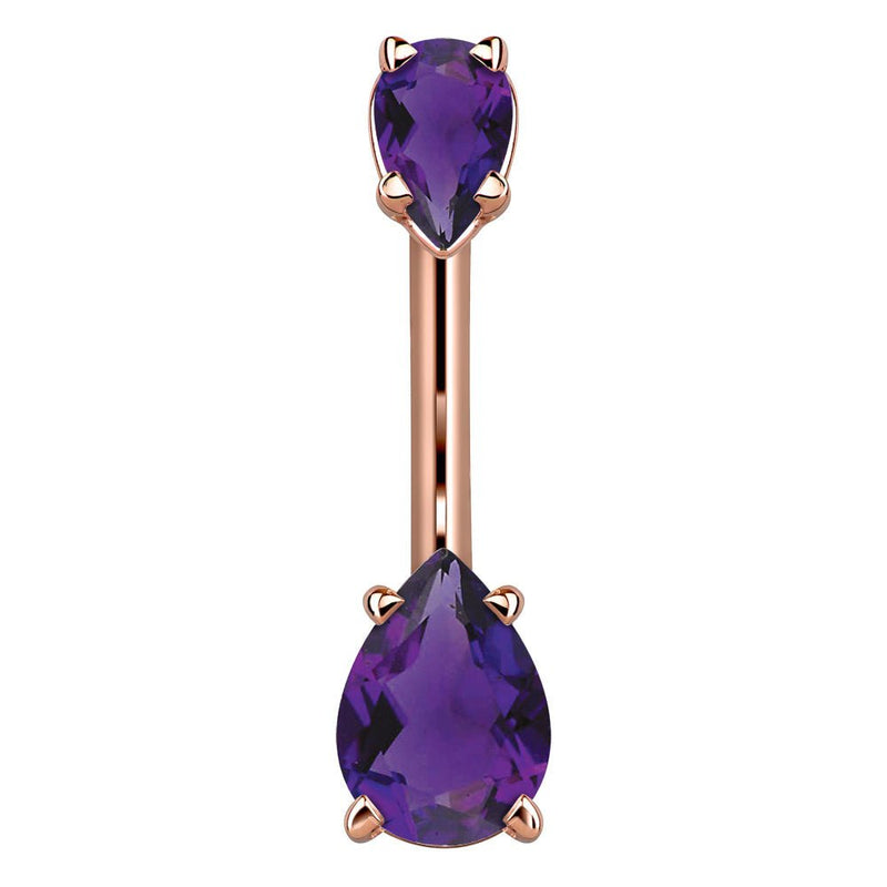14k rose gold navel ring with dual purple pear-cut CZ stones in four-prong settings, front view
