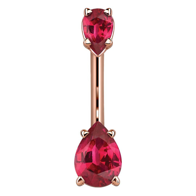 14k rose gold belly ring with two red pear-shaped CZ gems in four-prong settings, front view