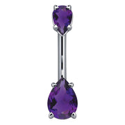 14k white gold navel ring with dual purple pear-cut CZ stones in four-prong settings, front view