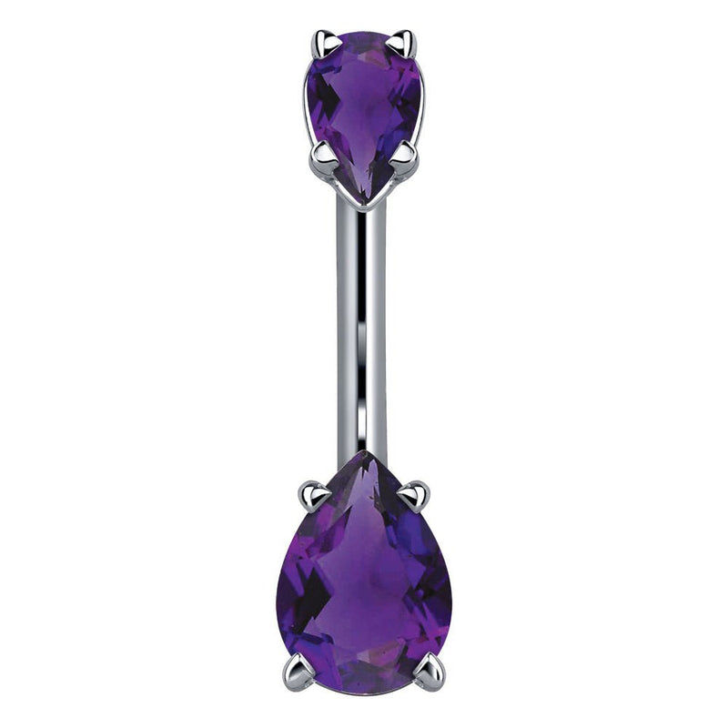 14k white gold navel ring with dual purple pear-cut CZ stones in four-prong settings, front view