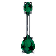 14k white gold belly ring with two dark emerald green pear-shaped CZ gems in prong settings