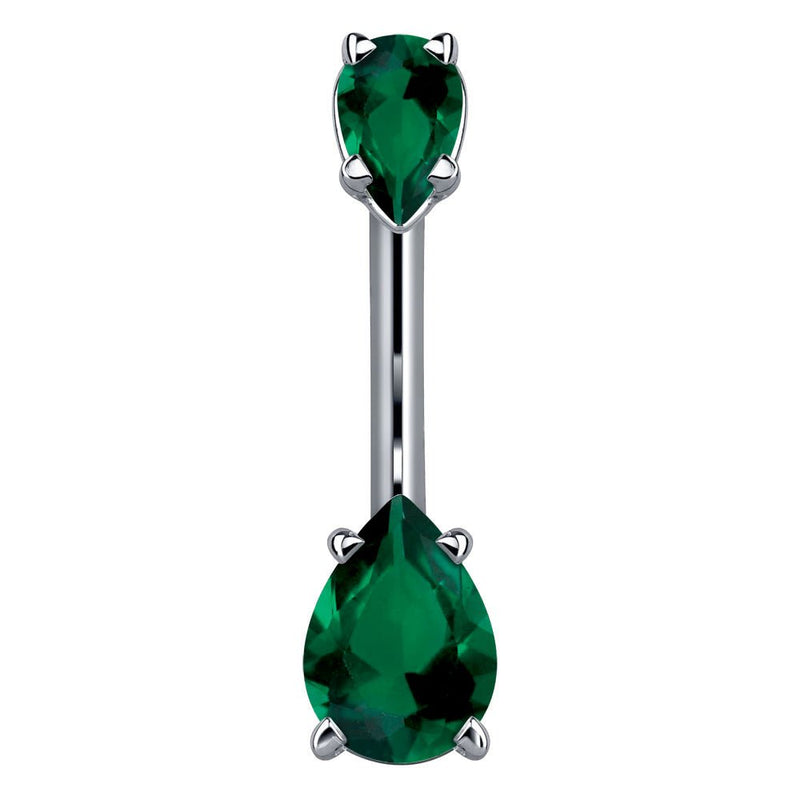 14k white gold belly ring with two dark emerald green pear-shaped CZ gems in prong settings