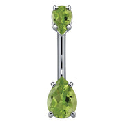 14k white gold navel ring with dual light green pear-cut CZ stones in prong settings, front view