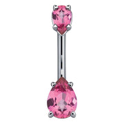 14k white gold navel ring with dual pink pear-cut CZ stones in four-prong settings, front view