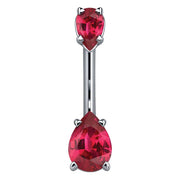 14k white gold navel ring with dual red pear-cut CZ stones in four-prong settings, front view