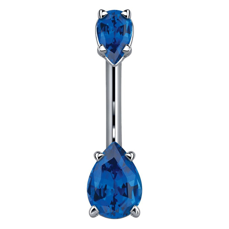 14k white gold belly ring with two sapphire blue pear-shaped CZ gems in prong settings