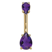 14k yellow gold navel ring with two purple pear-shaped CZ stones in four-prong settings