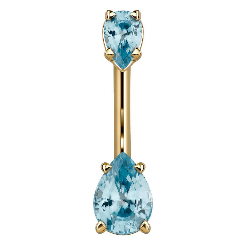 14k yellow gold belly ring with two light blue pear-cut CZ gems in basket prong settings
