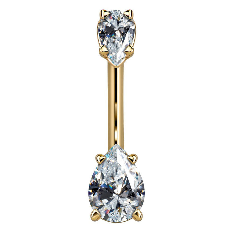 14k yellow gold dual pear CZ belly ring with clear stones, front product view on white background