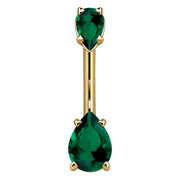 14k yellow gold belly ring with rich dark green pear-cut CZ gems, front view