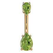 14k yellow gold belly ring with two light green pear-cut CZ gems in prong settings, front view