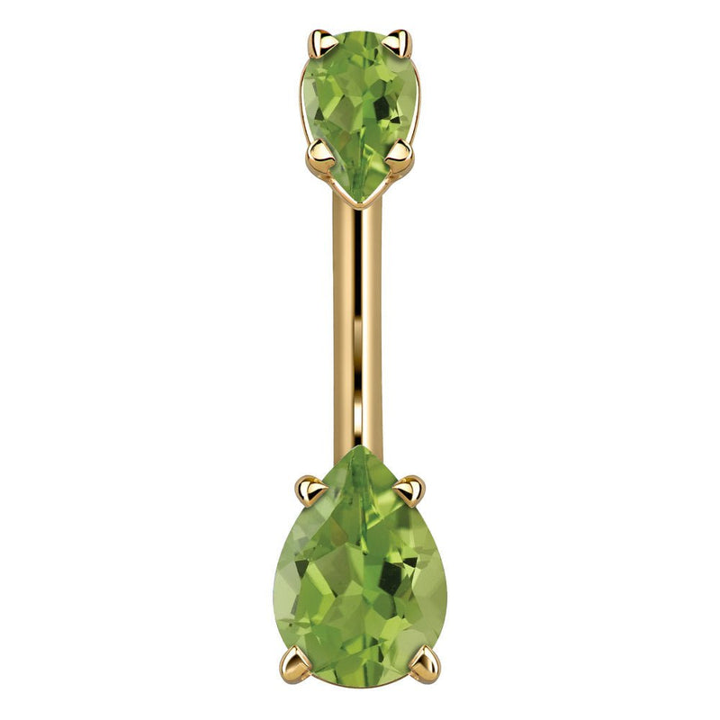 14k yellow gold belly ring with two light green pear-cut CZ gems in prong settings, front view