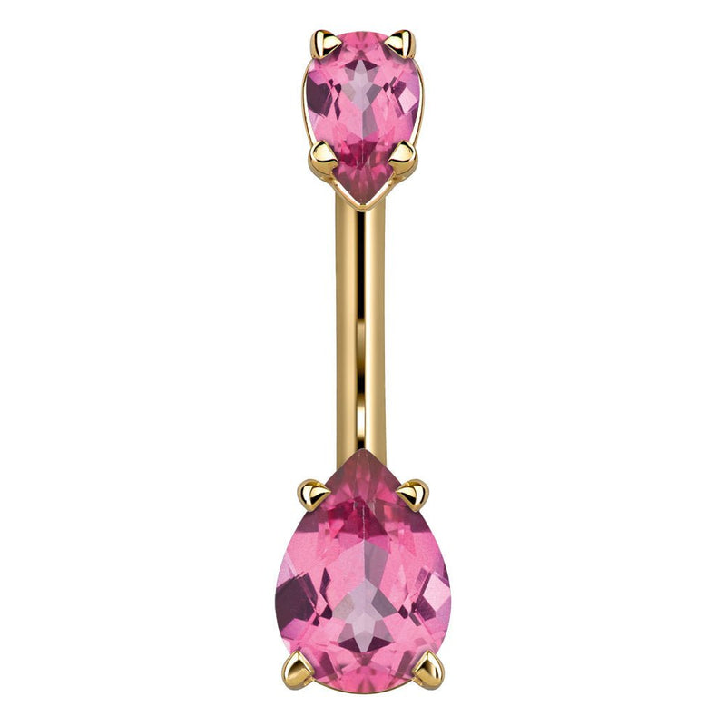 14k yellow gold belly ring with two pink pear-cut CZ gems in prong basket settings, front view