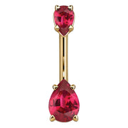 14k yellow gold navel ring with dual red pear-shaped CZ stones in four-prong settings