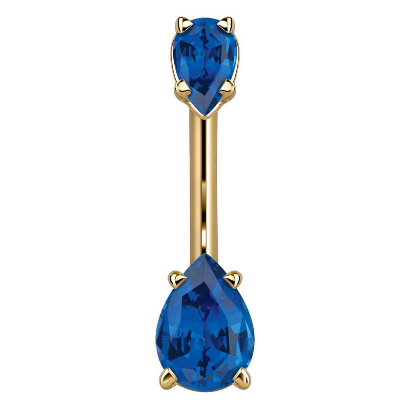 14k yellow gold navel ring featuring two deep blue pear-shaped CZ stones in prong settings