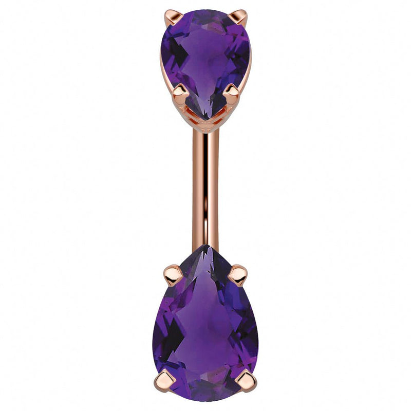 14k rose gold belly ring with double purple pear-cut CZ gems, warm gold and violet color contrast