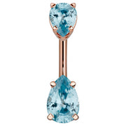 14k rose gold belly ring with double light blue pear-cut CZ gems, soft aqua and warm gold pairing