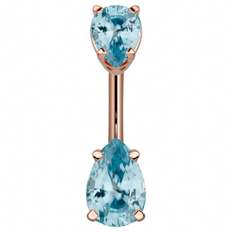 14k rose gold belly ring with double light blue pear-cut CZ gems, soft aqua and warm gold pairing