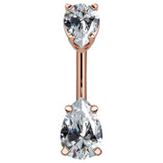 14k rose gold belly ring with double clear pear-cut CZ gems, front view showing warm pink-gold tone