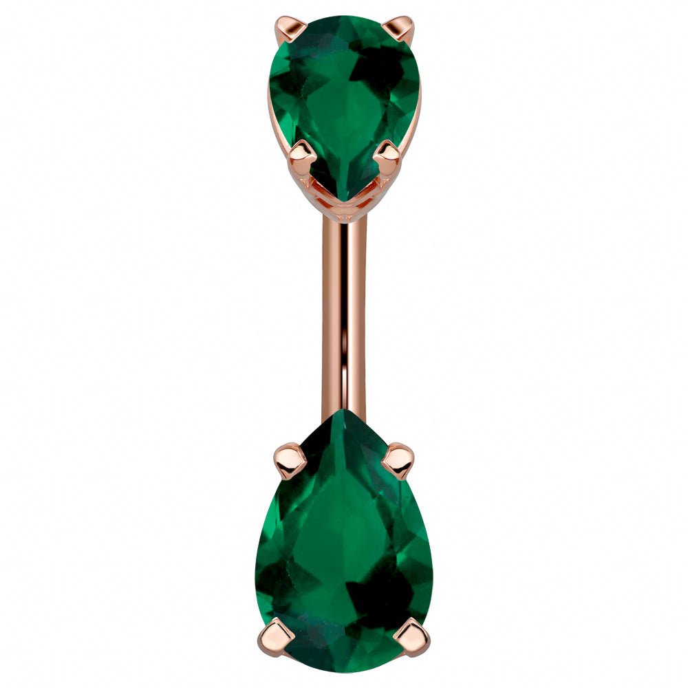 Double Pear Shape Cubic Zirconia 14k Gold Belly Ring-14k Rose Gold   Dark Green
