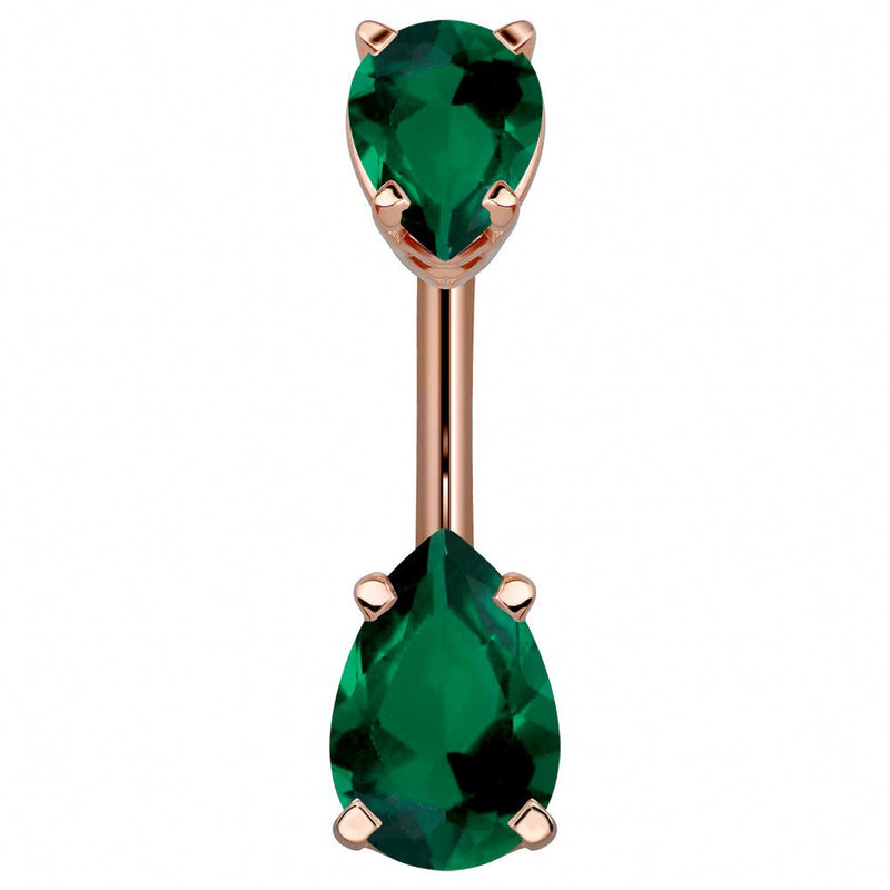 14k rose gold belly ring with double dark green pear-cut CZ gems in prong settings, front view