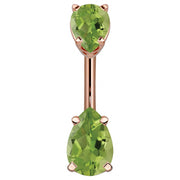 14k rose gold belly ring with double light green pear-cut CZ gems in basket settings, front view