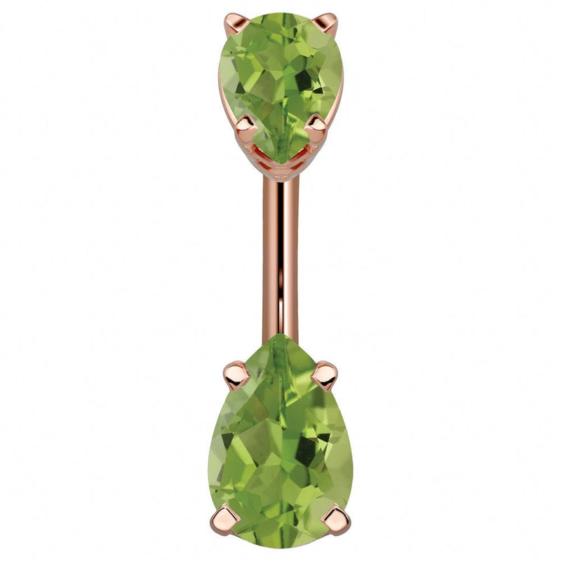 14k rose gold belly ring with double light green pear-cut CZ gems in basket settings, front view