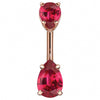 14k rose gold belly ring with double red pear-cut CZ gems, bold ruby-tone stones in warm gold setting