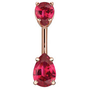 14k rose gold belly ring with double red pear-cut CZ gems, bold ruby-tone stones in warm gold setting
