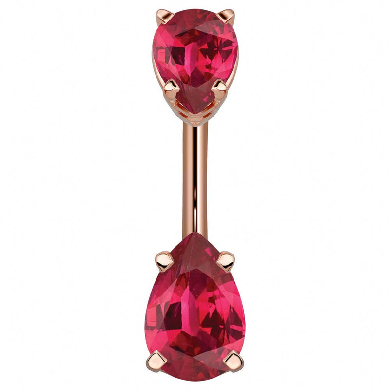 14k rose gold belly ring with double red pear-cut CZ gems, bold ruby-tone stones in warm gold setting