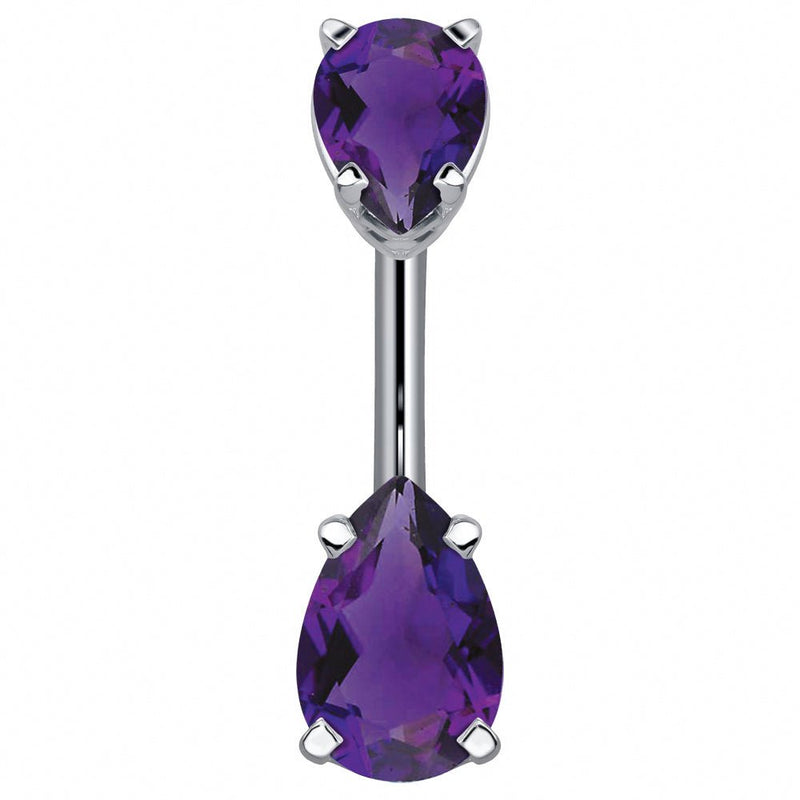 14k white gold belly ring with double purple pear-cut CZ gems in basket settings, front view
