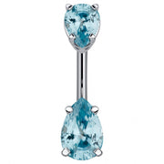 14k white gold belly ring with double light blue pear-cut CZ gems, front view with silver-toned barbell