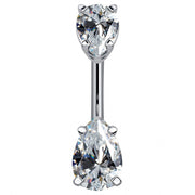 14k white gold belly ring with double clear pear-cut CZ gems, front view showing cool-toned metal