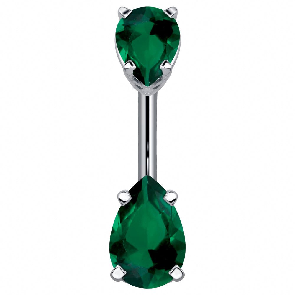 Double Pear Shape Cubic Zirconia 14k Gold Belly Ring-14k White Gold   Dark Green
