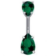 14k white gold belly ring with double dark green pear-cut CZ gems, front view with cool metal contrast