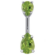 14k white gold belly ring with double light green pear-cut CZ gems in prong settings, front view