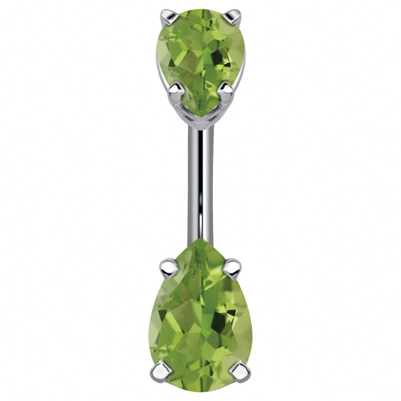 14k white gold belly ring with double light green pear-cut CZ gems in prong settings, front view